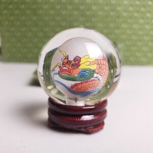Vintage Reverse Painted Glass Dragon Globe Miniature Art Sphere With Stand Box